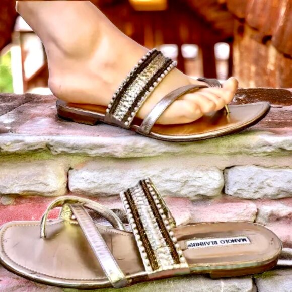 Manolo Blahnik THONG Gold Sandal Beads Rhinestones - Picture 7 of 14